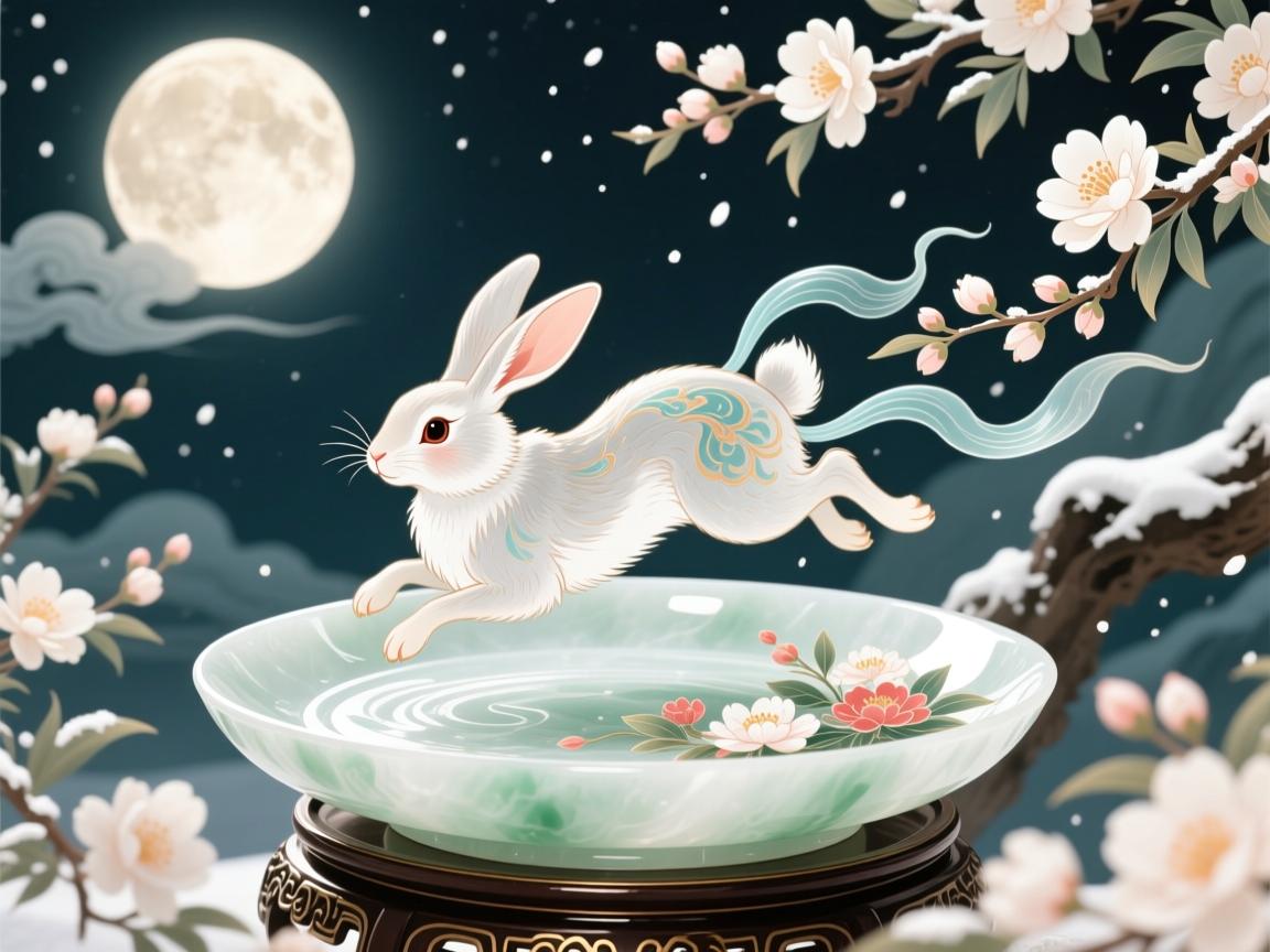 风花雪月间,灵兔跃玉盘 风花雪月间